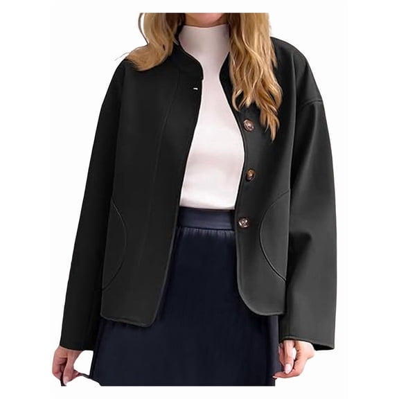Women Casual Pea Coat Wool Short Jacket Fall Button Down Woolen Coat Crop Peacoat Black XL