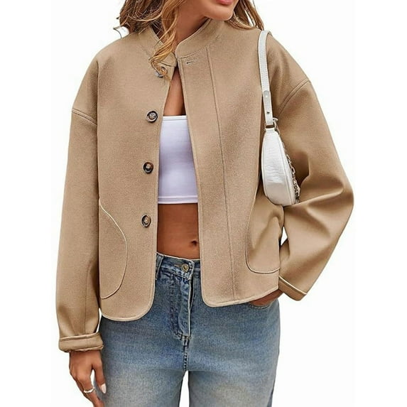 Women Casual Pea Coat Wool Short Jacket Fall Button Down Woolen Coat Crop Peacoat Camel Color L