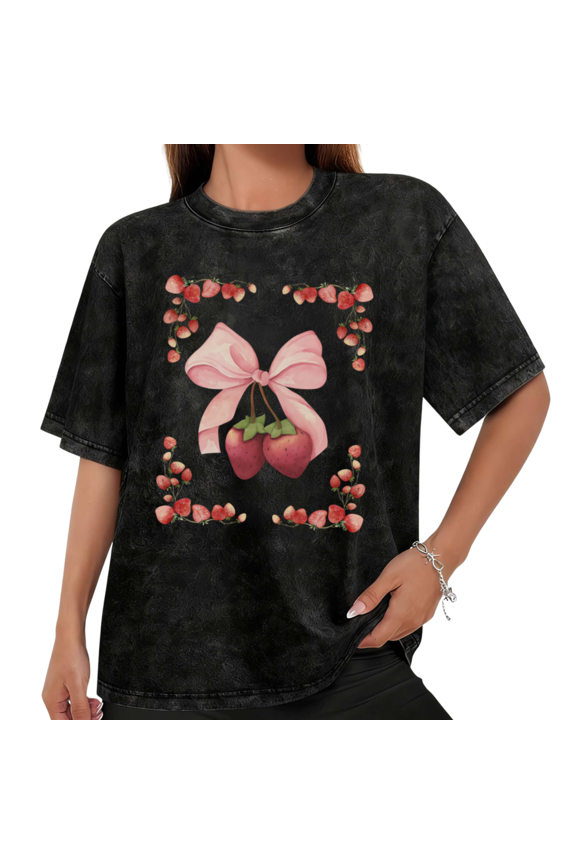 Women Casual Pink Red Strawberry Bow Frame Graphic Tees Cotton Crew Neck Printed T Shirt Tops Mineral Wash Black S-2XL Plus Size