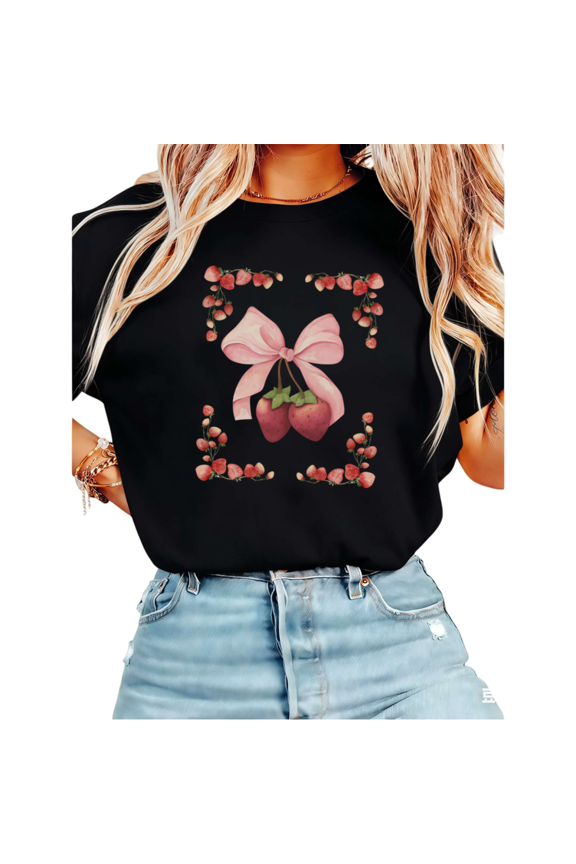 Women Casual Pink Red Strawberry Bow Graphic Tees Cotton Crew Neck Printed T Shirt Tops Black S-5XL