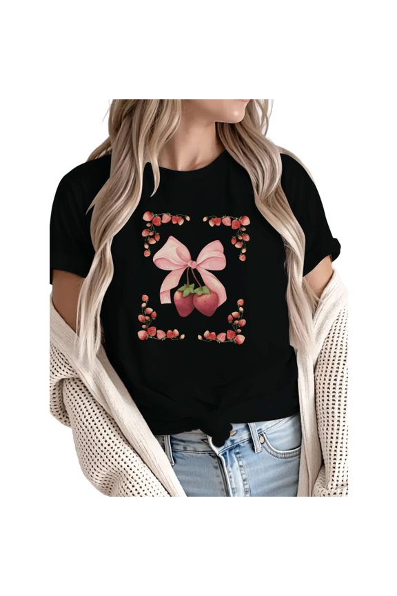 Women Casual Pink Red Strawberry Bow Graphic Tees Cotton Crew Neck Printed T Shirt Tops Black S-5XL