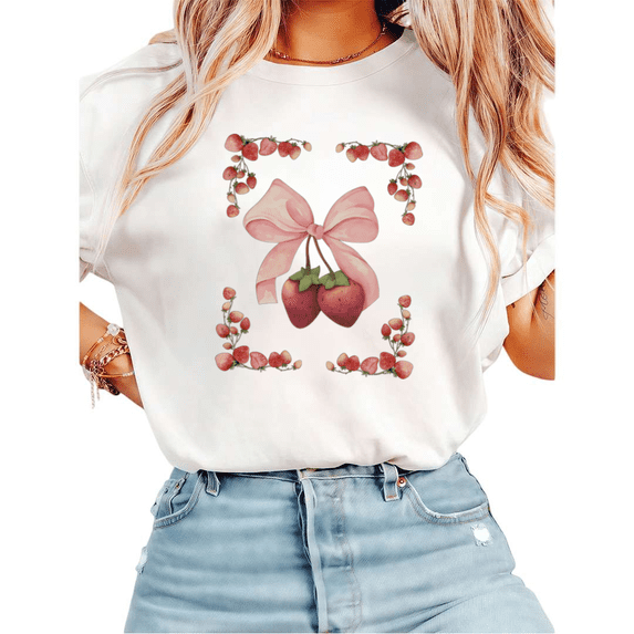 Women Casual Pink Red Strawberry Bow Graphic Tees Cotton Crew Neck Printed T Shirt Tops White S-5XL