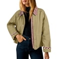 thumbnail image 1 of Women Casual Plaid Patchwork Jacket Loose Lapel Long Sleeve Button Shacket Fashion Lightweight Fall Winter Coat With Pockets, 1 of 5