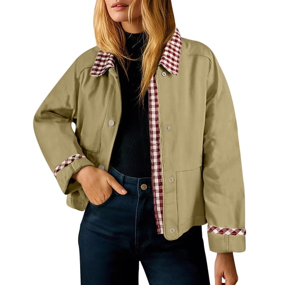 Women Casual Plaid Patchwork Jacket Loose Lapel Long Sleeve Button Shacket Fashion Lightweight Fall Winter Coat With Pockets