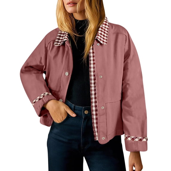 Women Casual Plaid Patchwork Jacket Loose Lapel Long Sleeve Button Shacket Fashion Lightweight Fall Winter Coat With Pockets