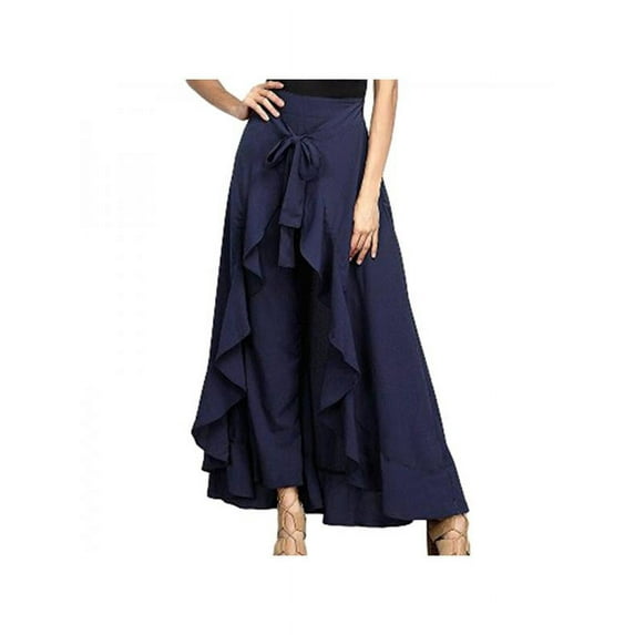 Women Casual Plain Tie-Waist Wrap Skirts Pants Chiffon Ruffle Wide Leg Overlay Loose Dress
