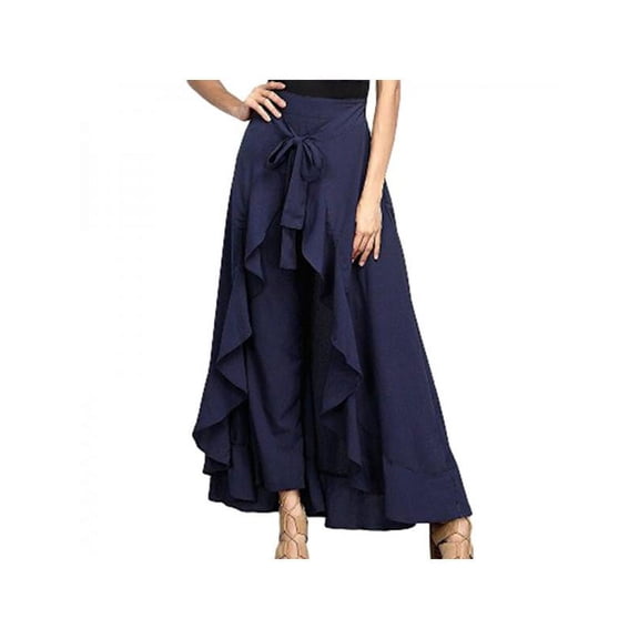 Women Casual Plain Tie-Waist Wrap Skirts Pants Chiffon Ruffle Wide Leg Overlay Loose Dress