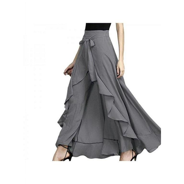 Women Casual Plain Tie-Waist Wrap Skirts Pants Chiffon Ruffle Wide Leg  Overlay Loose Dress 