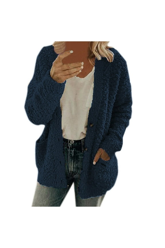 Women Casual Plus Size Bed Jacket Plush Sweater Pockets Outerwear Large Woman Jackets Buttons Cardigan Coat