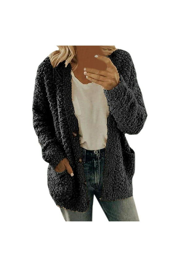 Women Casual Plus Size Plush Sweater Pockets Outerwear Buttons Cardigan Coat, Long Sleeve Weekend Big & Tall Leisure Women's Fleece Jackets Coats Black