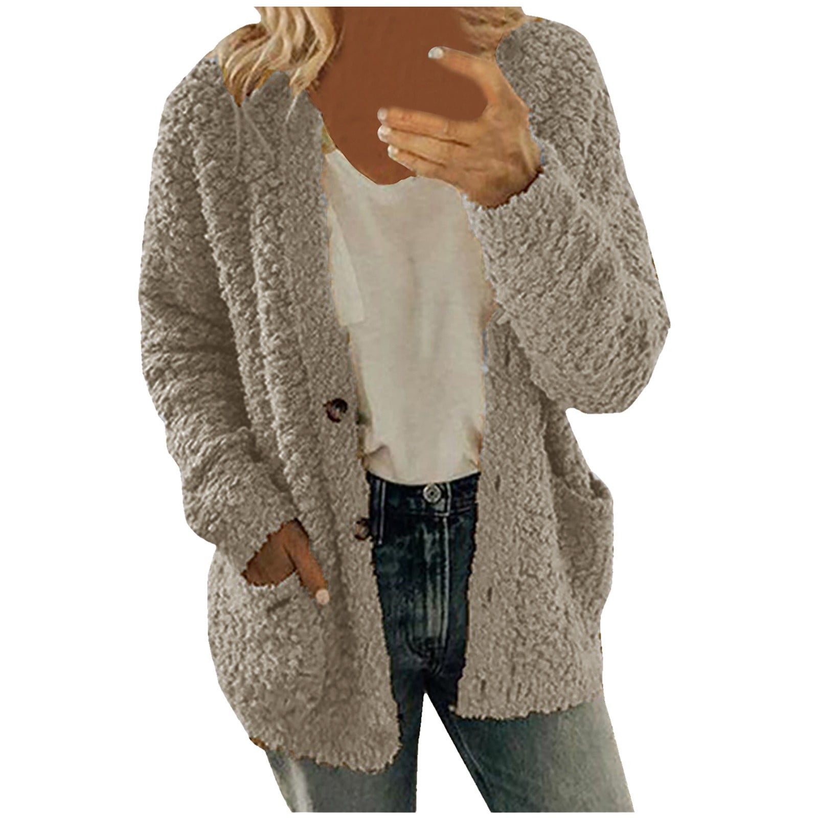 Women Casual Plus Size Plush Sweater Pockets Outerwear Buttons Cardigan ...