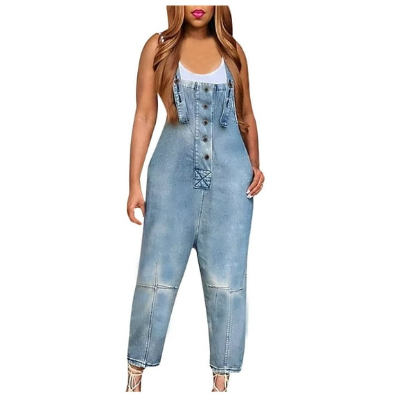 Women Casual Pocket Romper Jean for 2023 Tendency Loose Fit Denim Bib Baggy Jumpsuit Long Playsuit Strap Button Jumpsuit Fashion Straight Wide Leg Stretchy Jean Pants