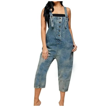 Women Casual Pocket Romper Jean for 2023 Tendency Loose Fit Denim Bib Baggy Jumpsuit Long Playsuit Strap Button Jumpsuit Fashion Straight Wide Leg Stretchy Jean Pants