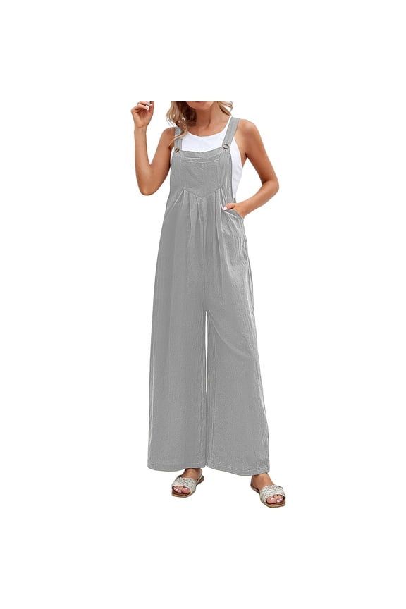 Women Casual Pocket Romper Strap Solid Playsuit Button Long Jumpsuit