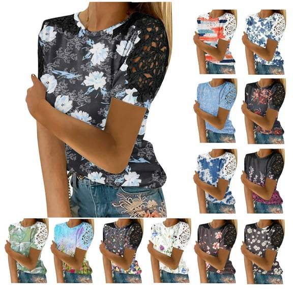 Women Casual Printing Round-Neck Lace Hollow Out Short Sleeve Pullover Slimming Blouse T-shirt Tops Women Tops 50% Off Clear! S-5XL