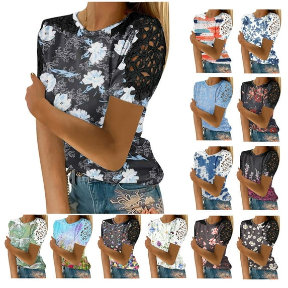 Women Casual Printing Round-Neck Lace Hollow Out Short Sleeve Pullover Slimming Blouse T-shirt Tops Women Tops 50% Off Clear! S-5XL