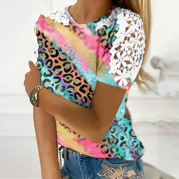 Women Casual Printing Round-Neck Lace Hollow Out Short Sleeve Pullover Slimming Blouse T-shirt Tops Women Tops on sale under $10 S-2XL