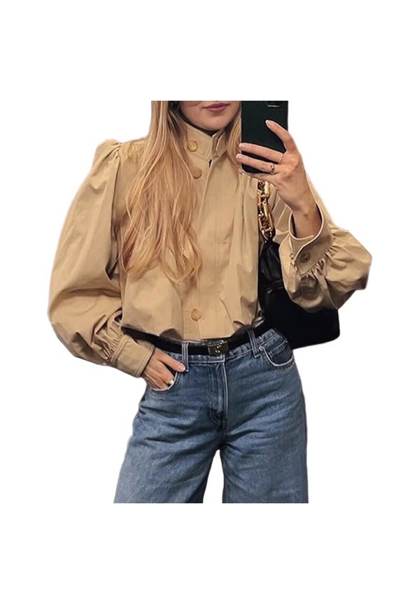 Women Casual Puff Long Sleeve Cropped Pleated Jacket Fall Stand Collar Button Down Outerwear with Pockets Khaki M