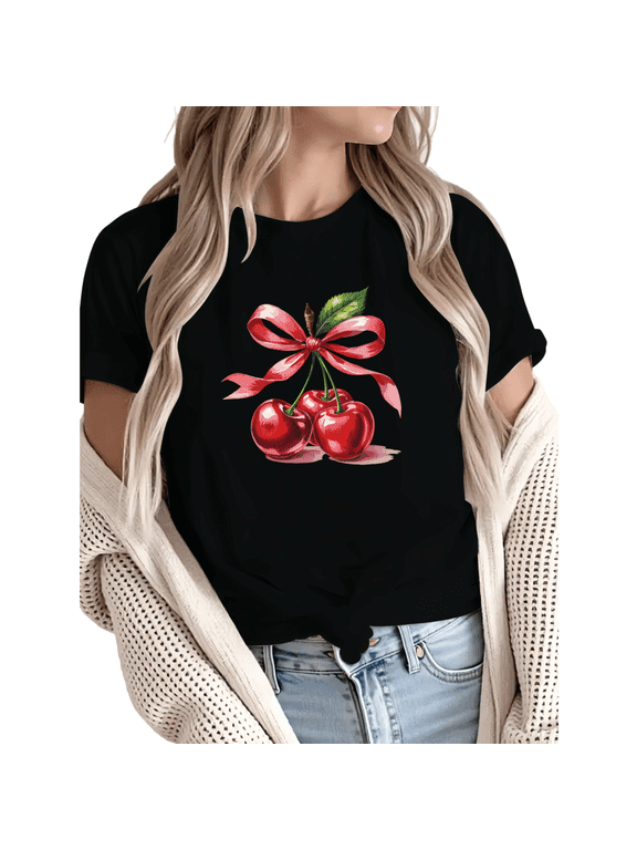Women Casual Red Green Cherry Bow Graphic Tees Cotton Crew Neck Printed T Shirt Tops Black S-5XL