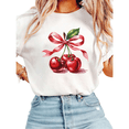 thumbnail image 1 of Women Casual Red Green Cherry Bow Graphic Tees Cotton Crew Neck Printed T Shirt Tops White S-5XL, 1 of 4
