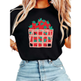 thumbnail image 1 of Women Casual Red Green Strawberry Basket Graphic Tees Cotton Crew Neck Printed T Shirt Tops Black S-5XL, 1 of 5