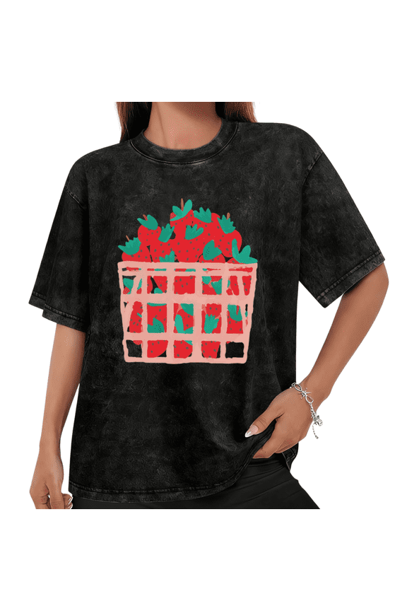 Women Casual Red Green Strawberry Basket Graphic Tees Cotton Crew Neck Printed T Shirt Tops Mineral Wash Black S-2XL Plus Size