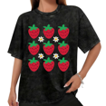 thumbnail image 1 of Women Casual Red Green Strawberry Daisy Graphic Tees Cotton Crew Neck Printed T Shirt Tops Mineral Wash Black S-2XL Plus Size, 1 of 5