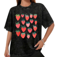 thumbnail image 1 of Women Casual Red Pink Strawberry Graphic Tees Cotton Crew Neck Printed T Shirt Tops Mineral Wash Black S-2XL Plus Size, 1 of 5