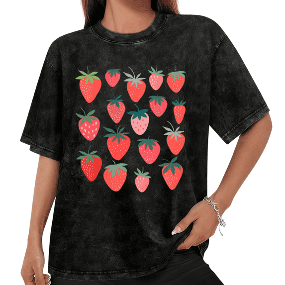 Women Casual Red Pink Strawberry Graphic Tees Cotton Crew Neck Printed T Shirt Tops Mineral Wash Black S-2XL Plus Size