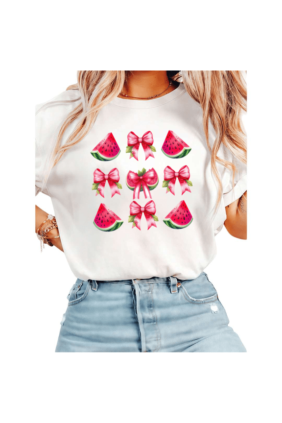 Women Casual Red Pink Watermelon Bow Graphic Tees Cotton Crew Neck Printed T Shirt Tops White S-5XL