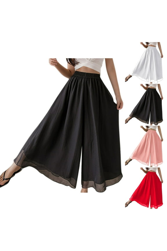 Women Casual Relaxed Double Layer Chiffon Wide Leg Long Pants Stretchy Breathable Comfortable Flowy