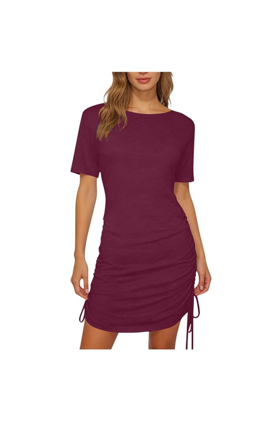 Women Casual Ribbed Knit Mini Dress Drawstring Side Ruched Short Sleeve Bodycon Dresses Stretch Short T Shirt Dress