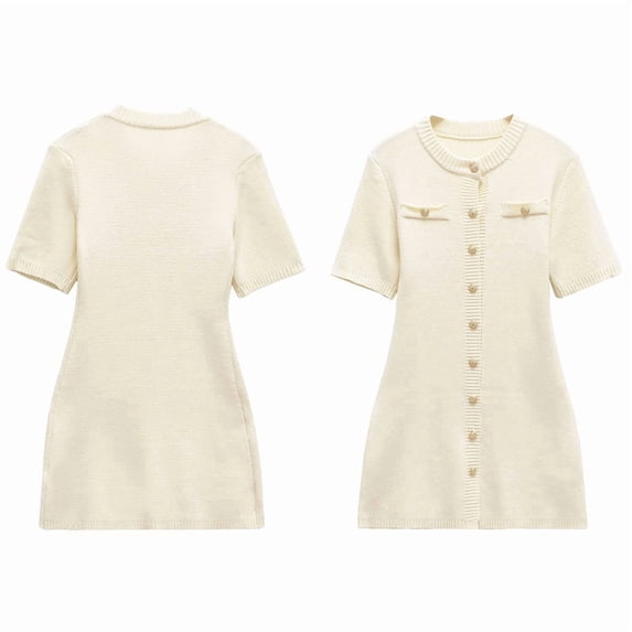 Women Casual Ribbed Knit Short Dress Short Sleeve Crewneck A Line Mini Sweater Dress with Decorative Button Beige M