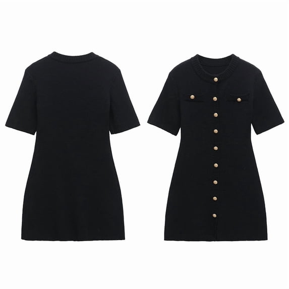 Women Casual Ribbed Knit Short Dress Short Sleeve Crewneck A Line Mini Sweater Dress with Decorative Button Black L