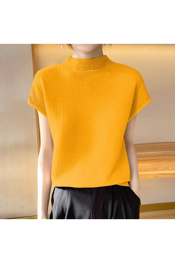 Women Casual Ribbed Knit T-Shirt Scoop Neck Half Sleeve Solid Color Loose Fit Base Layer Tee Tops Gold