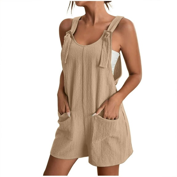 Women Casual Romper Solid Color Tank Tops Jumpsuits Adjustable Strap Knot Sleeveless Overalls Wide Leg Shorts Loose Fit Sets with Pockets