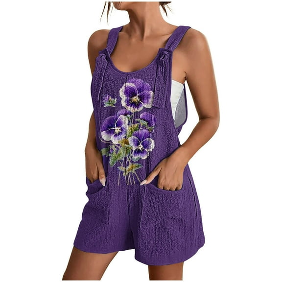 Women Casual Romper Summer Fashion Print Front Tie Knot Strap Short Jumpsuit with Pocket Wide Leg Loose Daily Outfits, Multicolor, L
