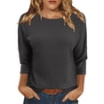 thumbnail image 1 of Women Casual Round Neck 3/4 Sleeve Top Ribbed Knit Brushed Fabric Solid Color Soft Warm Loose Fit Daily Wear Fashion Ladies T Shirt Dark Gray M, 1 of 6