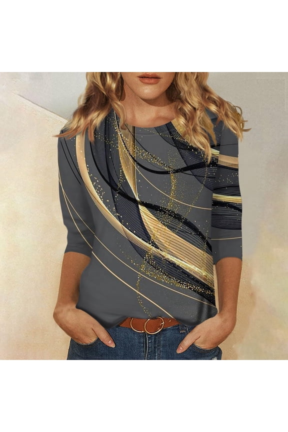 Women Casual Round Neck Printing Three Quarter Sleeve T Shirt Top Festive Snowflake Print Comfortable for Various Occasions