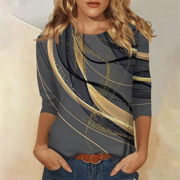 Women Casual Round Neck Printing Three Quarter Sleeve T Shirt Top Festive Snowflake Print Comfortable for Various Occasions