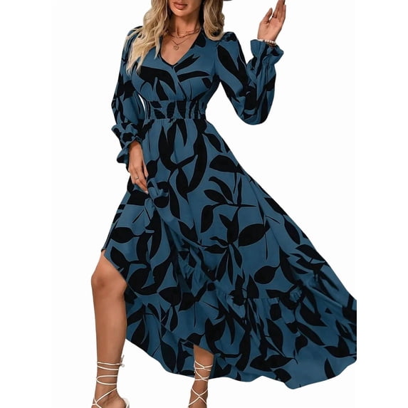 Women Casual Round Neck Puff Long Sleeve A Line Flowy Swing Long Maxi Dress Blue M