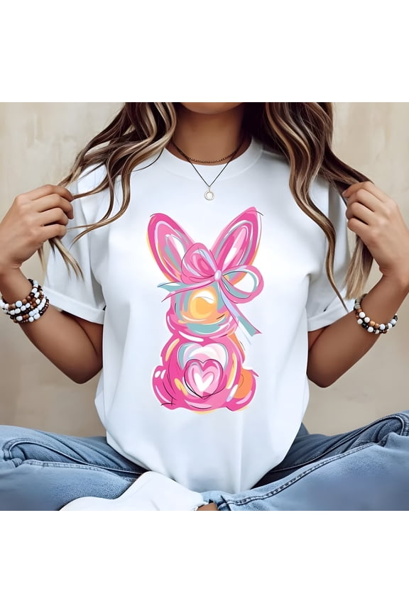 Women Casual Round Neck Short Sleeve T-Shirt White Easter Bunny With Pink Bow And Colorful Swirls Print For Spring Festival And Holiday Wear