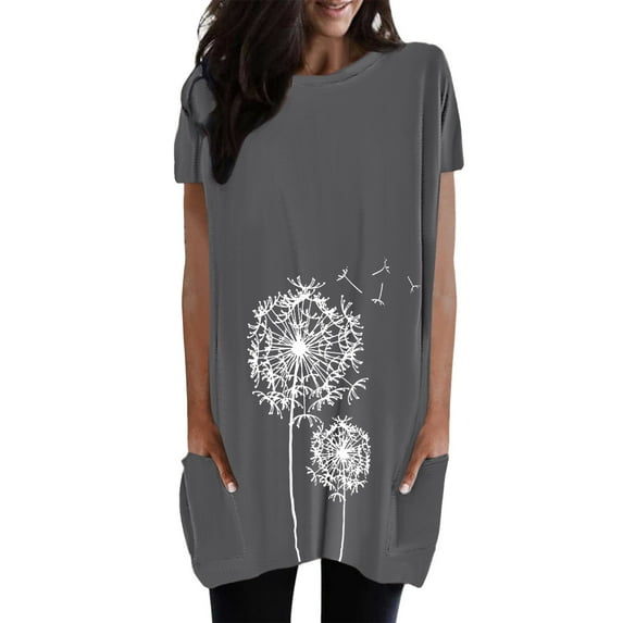 Women Casual Round Neck Solid Color Pocket Dandelion Print Long T Shirt Top plus Size Bikini Tops Cap Sleeve Womens Blouse Dress plus Size Animal Print Top plus Size Silk Women Crop Top