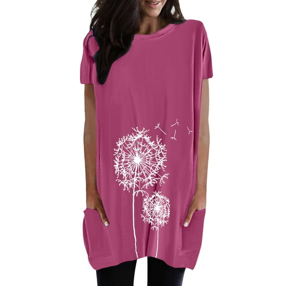 Women Casual Round Neck Solid Color Pocket Dandelion Print Long T Shirt Top plus Size Bikini Tops Cap Sleeve Womens Blouse Dress plus Size Animal Print Top plus Size Silk Women Crop Top