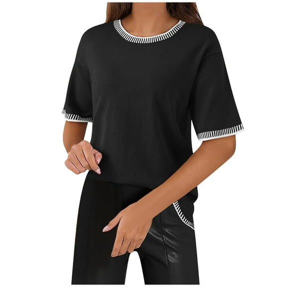 Women Casual Round Neck Solid Color Short Sleeve T Shirt 2025 Knit Contrast Trim Top for Spring Summer Daily Wear and Outfits