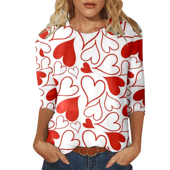 Women Casual Round Neck Three Quarter Sleeve Valentines Day Printed T Shirt Casual Top