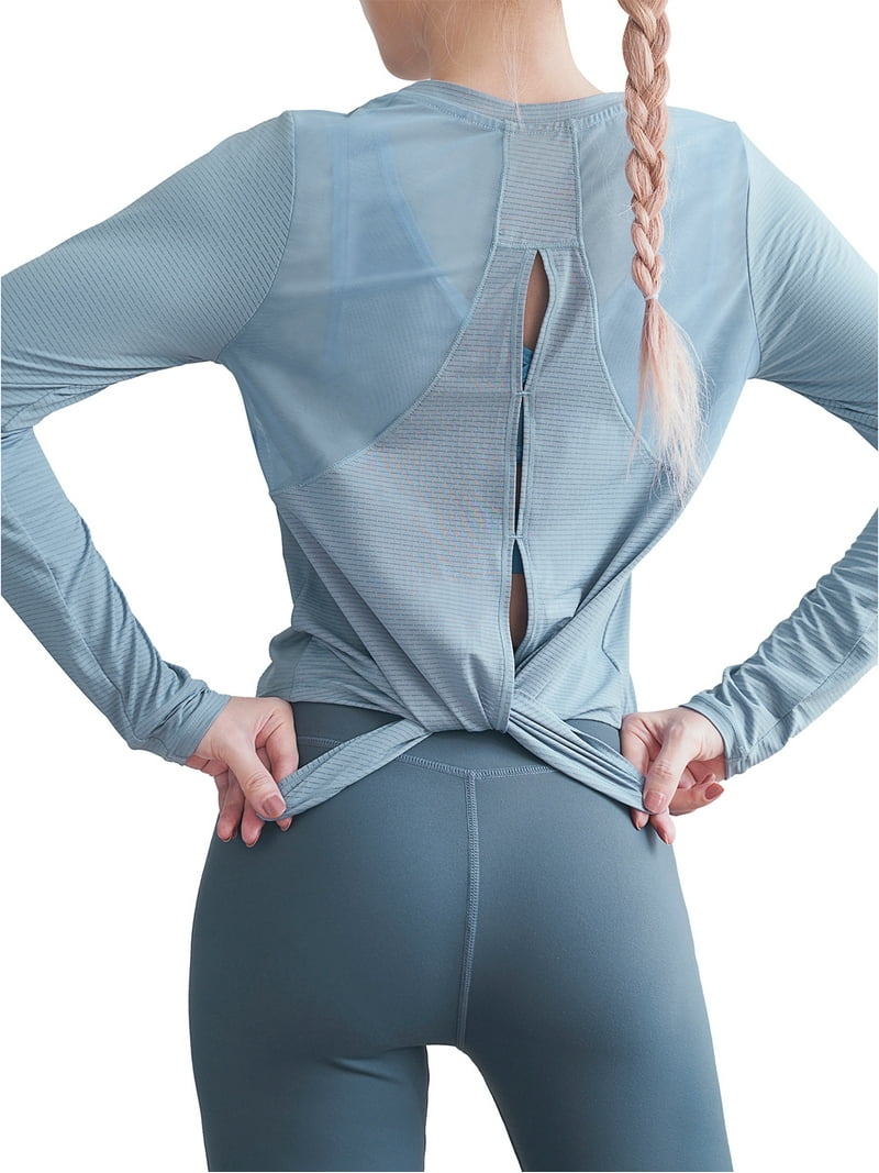 Women Casual Round Neck Workout Shirts Splicing Back Long Sleeve