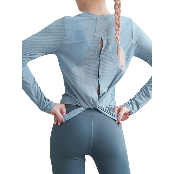 Women Casual Round Neck Workout Shirts Splicing Back Long Sleeve Juniors Tunic Top Loose Fit Yoga Tops Pilates Shirts Blue Size S-2XL