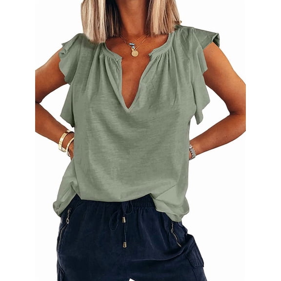 Women Casual Ruffle Short Sleeve Summer Tops V Neck Work Blouse Elegant Office T-Shirt Green L