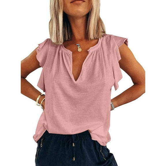 Women Casual Ruffle Short Sleeve Summer Tops V Neck Work Blouse Elegant Office T-Shirt Pink XL